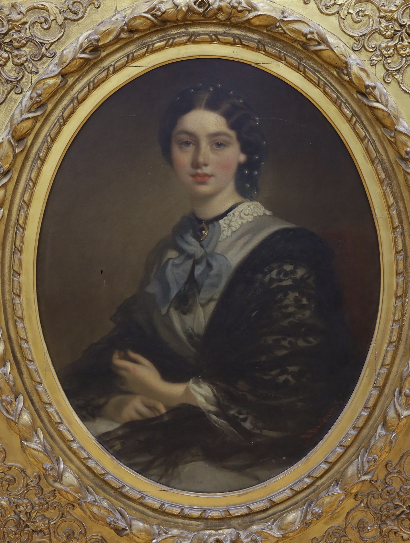 Richard Buckner (1812-1893), oil on canvas, oval portrait of Mrs Beauclerk, 86 x 67cm, in a good Victorian giltwood and composition frame bearing old labels